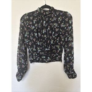 Zara Crop Black Sheer Floral Blouse Y2K Long Sleeve high mock neck keyhole sz S